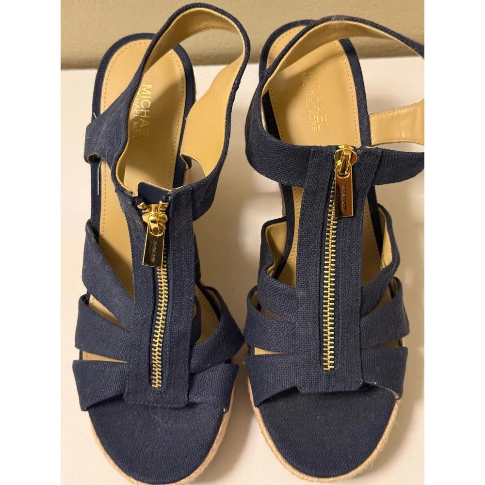 Michael Kors Navy Blue Canvas Espadrille Wedge Sandals Gold Zip Front 8.5M PW21K